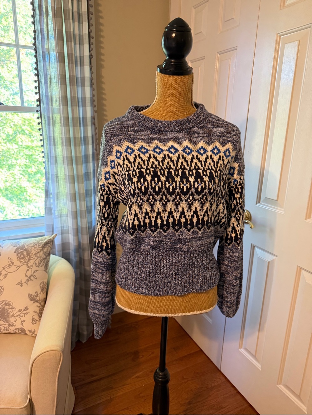 LOFT Blue & Cream Fair Isle Crewneck Sweater